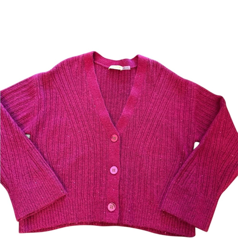 Ramy Brook Fuchsia Pink Sequin Ribbed Cardigan Alpaca Wool Blend Size M